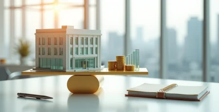 Miniatura de clínica em maquete sobre balança dourada com moedas empilhadas ao lado
