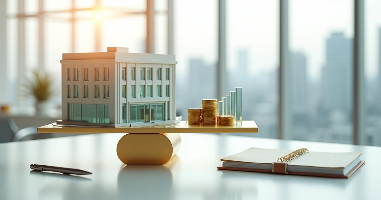 Miniatura de clínica em maquete sobre balança dourada com moedas empilhadas ao lado