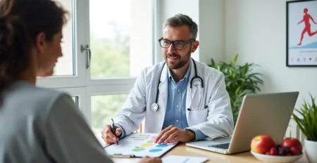 Médico orientando paciente sobre hábitos saudáveis em consultório moderno