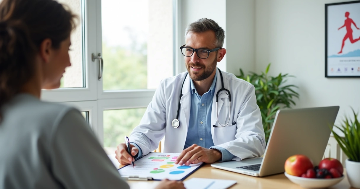 Médico orientando paciente sobre hábitos saudáveis em consultório moderno