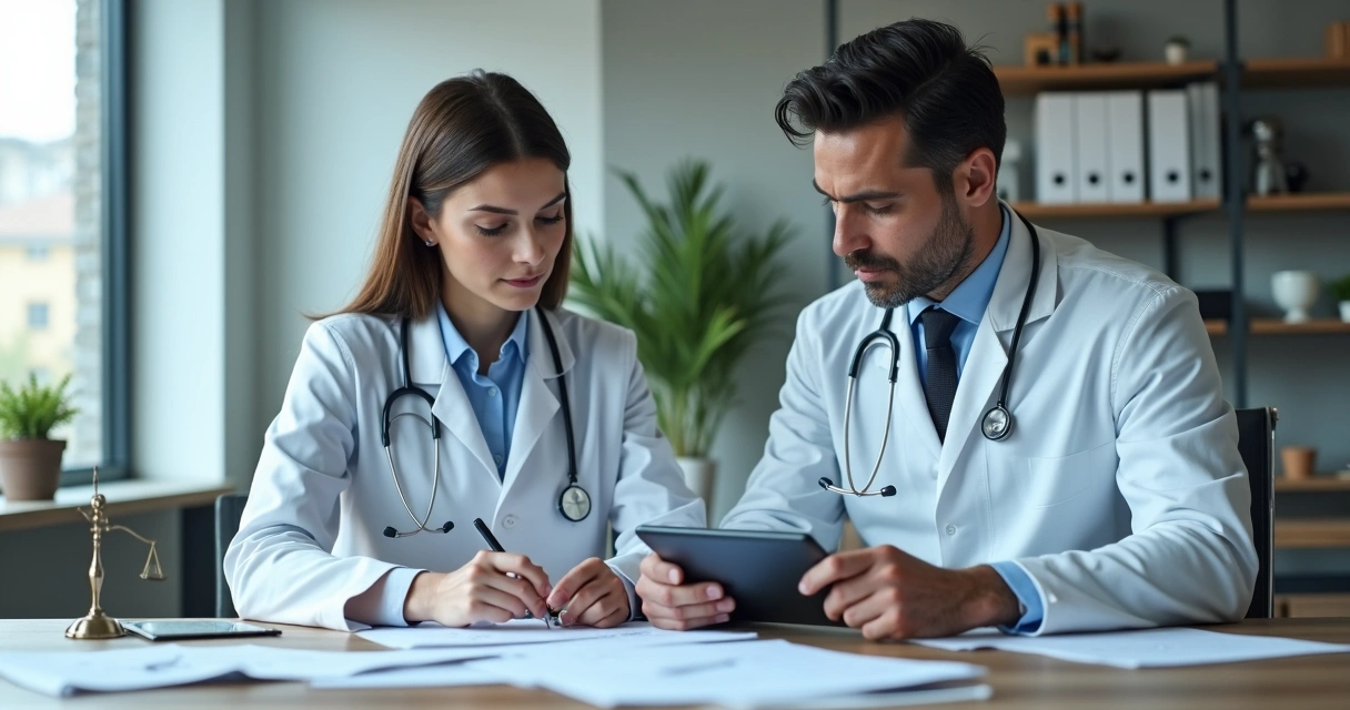 Médico e advogado discutindo documentos jurídicos, ambos focados em contrato sobre mesa. 