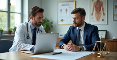 Médico e advogado analisando contrato de seguro de responsabilidade civil no consultório