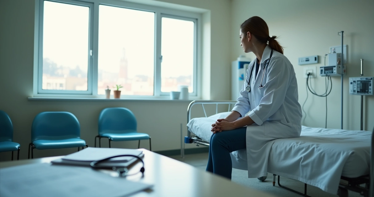 Profissional de saúde sentado em consultório vazio, reflexivo 