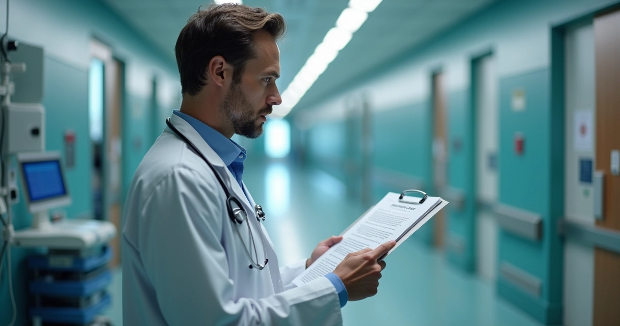 Médico avaliando apólice de seguro DIT em ambiente hospitalar 