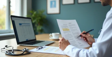 Médico analisando contrato de seguro com destaque para cláusulas de exclusão
