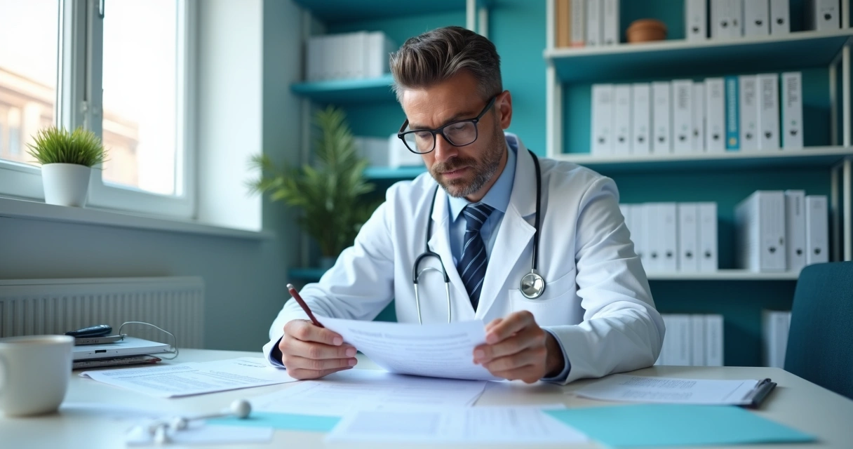 Médico sentado à mesa analisando documentos de seguro 