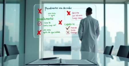 Médico revendo mapa visual de exclusões em contrato de seguro