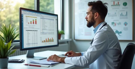 Médico analisando planilhas financeiras em consultório moderno com computador e gráficos