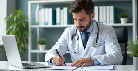 Médico assinando contrato de seguro em escritório moderno, com estetoscópio e laptop na mesa
