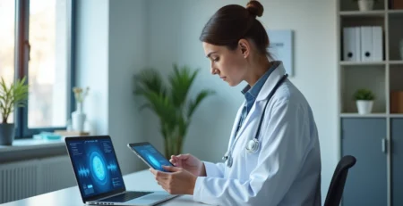 Médico atendendo paciente via plataforma digital com fundo de consultório moderno e computador de tela azul