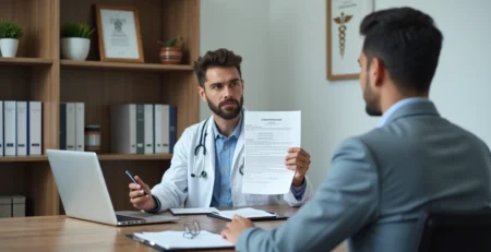 Médico segurando atestado médico em consultório com foco em responsabilidade legal