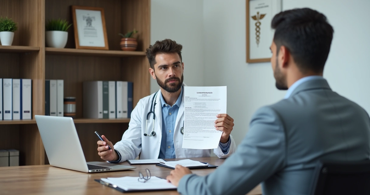Médico segurando atestado médico em consultório com foco em responsabilidade legal