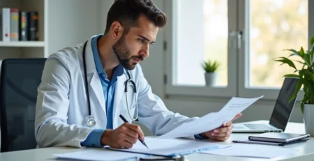 Médico analisando documentos de seguro em ambiente de consultório com mesa organizada e laptop aberto