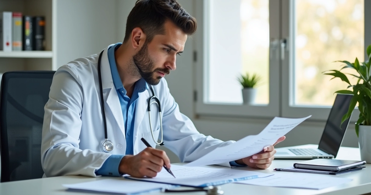 Médico analisando documentos de seguro em ambiente de consultório com mesa organizada e laptop aberto