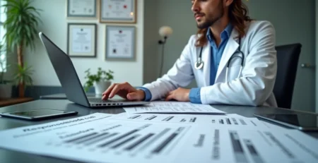 Médico analisando documentos de seguro de responsabilidade civil em consultório moderno