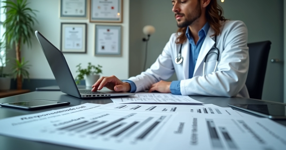 Médico analisando documentos de seguro de responsabilidade civil em consultório moderno