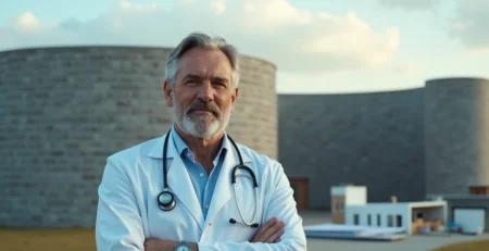 Médico em frente a muralha protegendo documentos e bens