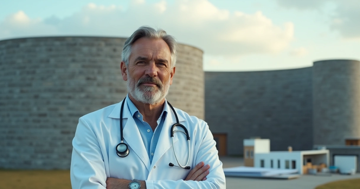 Médico em frente a muralha protegendo documentos e bens