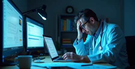 Médico cansado em consultório escuro cercado por telas digitais