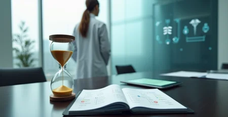 Médico diante de ampulheta e calendário com ícones de seguros e notificações