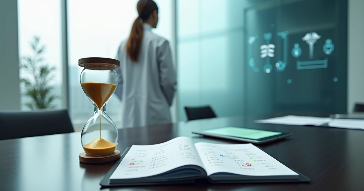 Médico diante de ampulheta e calendário com ícones de seguros e notificações