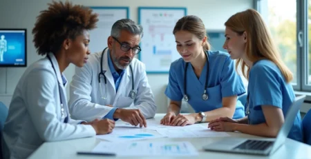 Médico e equipe em clínica hospitalar discutindo plano de segurança e seguro médico