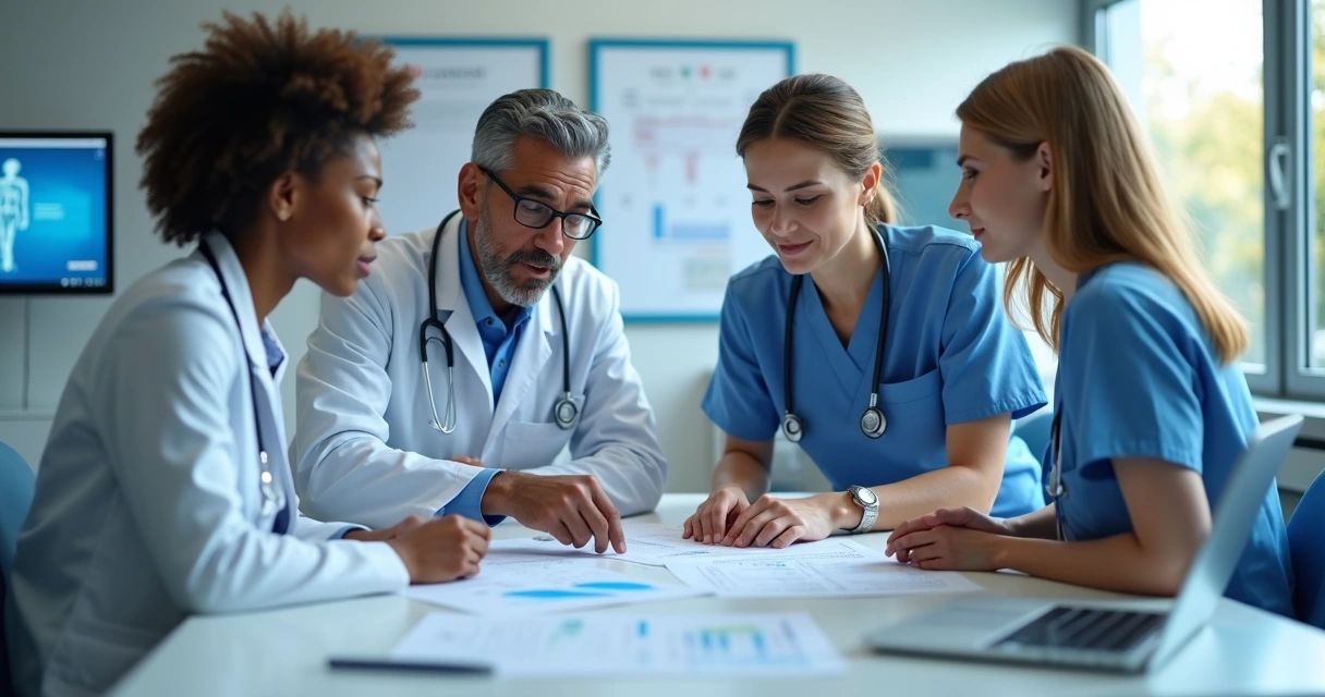 Médico e equipe em clínica hospitalar discutindo plano de segurança e seguro médico