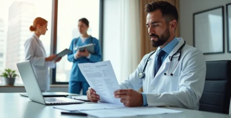 Médico em consultório revisando documento de seguro com equipe da clínica ao fundo