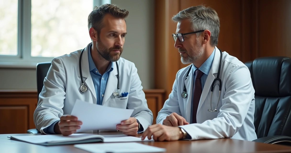 Médico ao lado de advogado em sala de julgamentos 