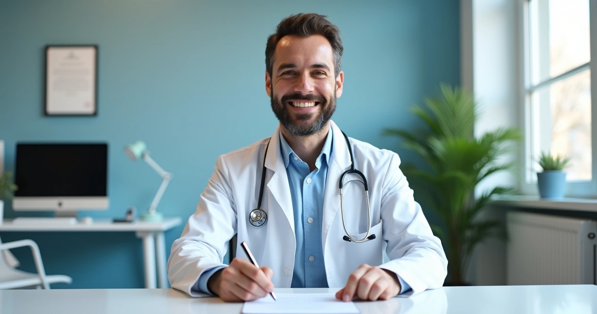 Médico confiante, sentado em uma mesa de escritório moderna e clara, sorrindo com contrato assinado à frente. 