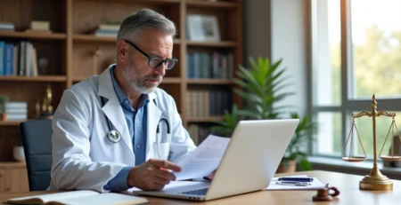 Médico consultando contrato jurídico em escritório com livros de direito ao fundo