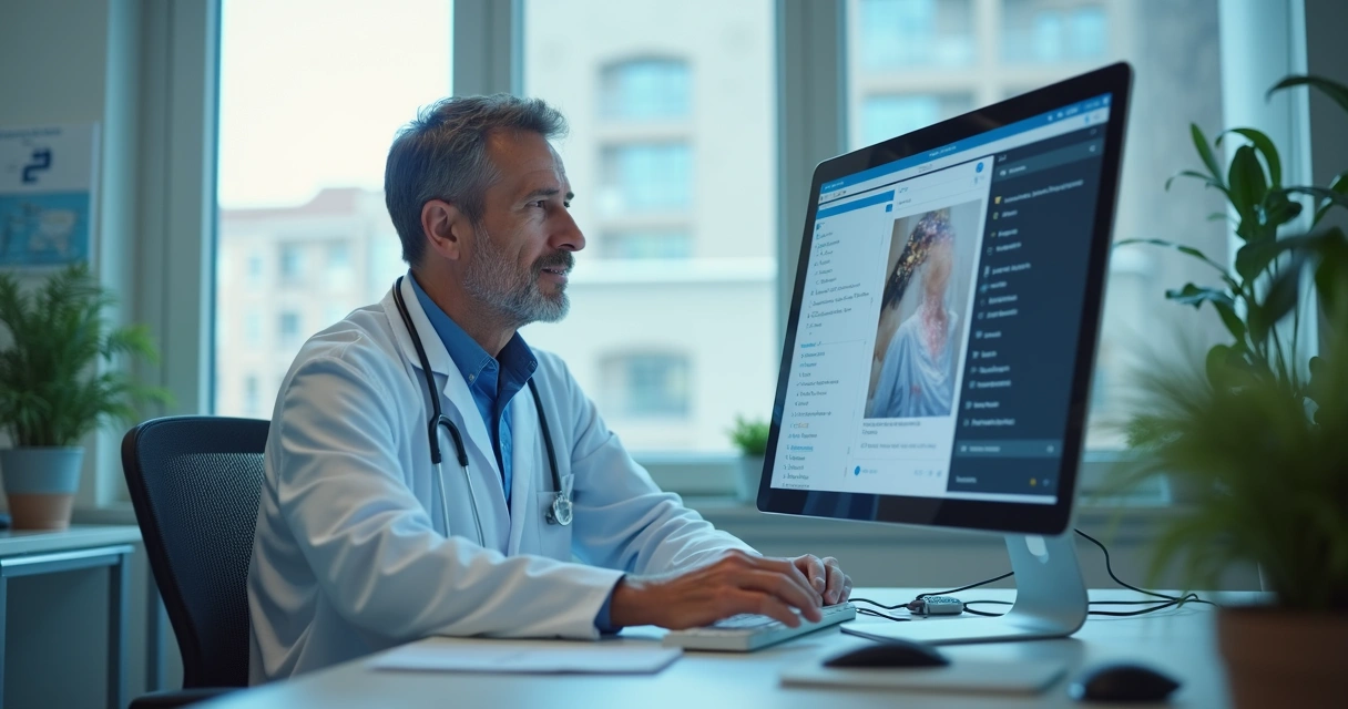 Médico analisando chat de inteligência artificial com paciente em tela no consultório 
