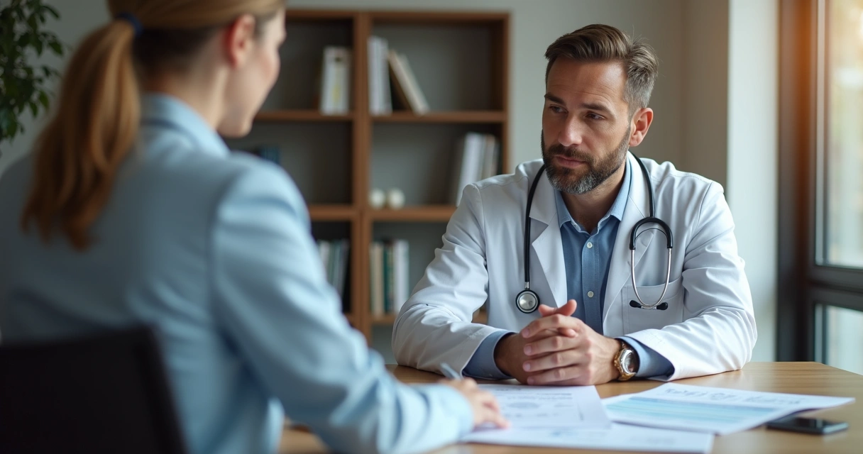 Médico em consultoria de planejamento financeiro com documentos de seguro