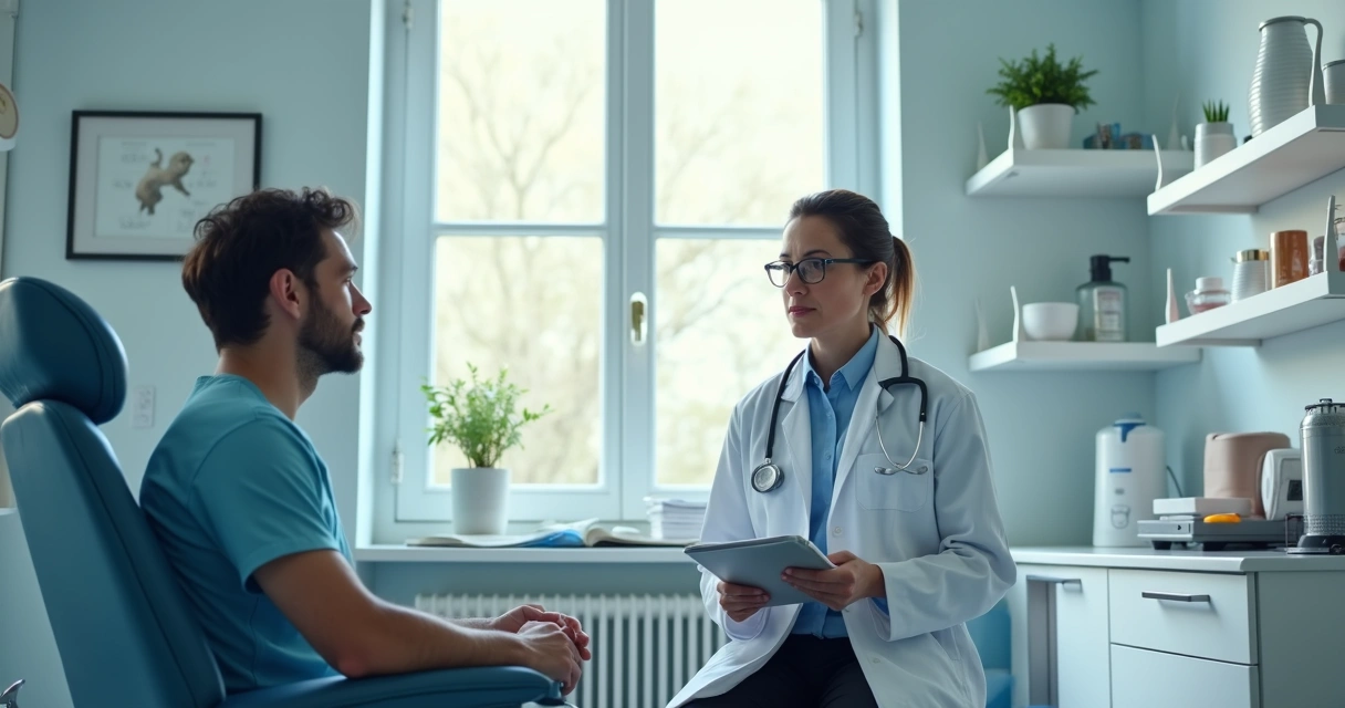 Médico realizando consulta em consultório moderno 