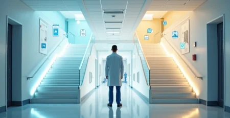 Médico observando duas escadas com caminhos diferentes simbolizando decisões na prática médica