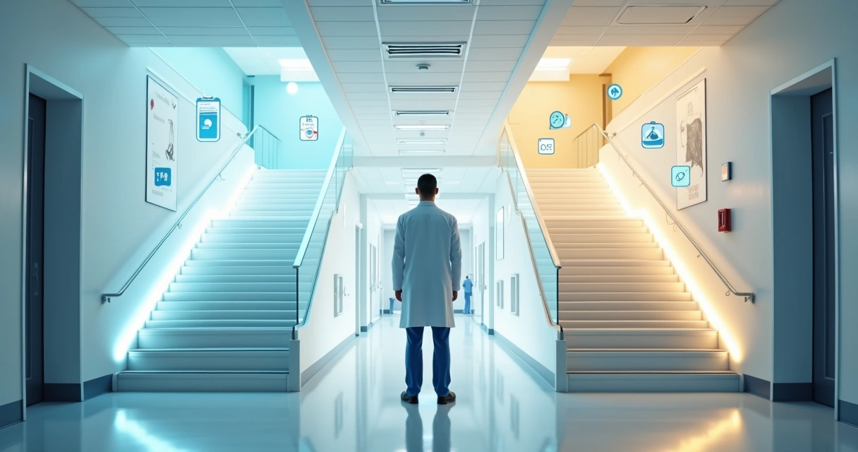 Médico observando duas escadas com caminhos diferentes simbolizando decisões na prática médica