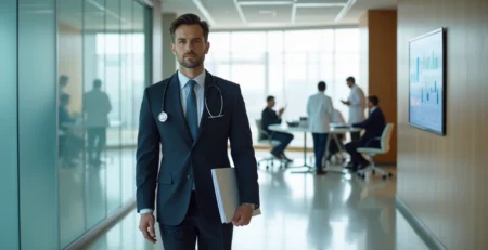 Médico executivo caminhando confiante em corredor corporativo moderno