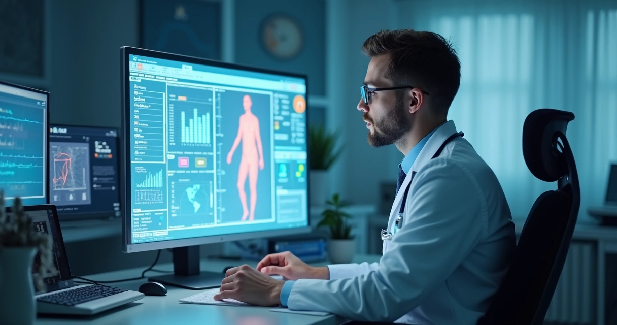 Médico analisa prontuário digital com gráficos de IA na tela 