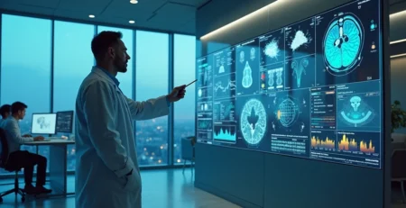 Médico observando grande painel digital com gráficos e exames analisados por inteligência artificial