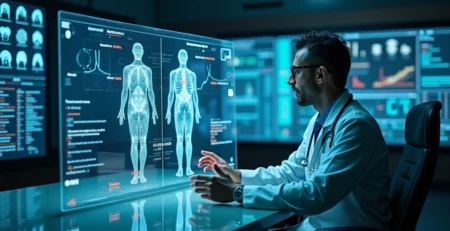 Médico em sala escura avaliando holograma de inteligência artificial médica