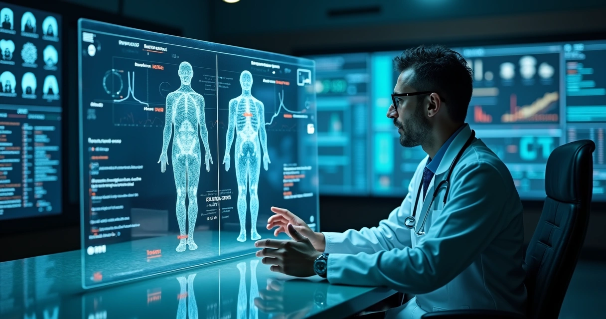 Médico em sala escura avaliando holograma de inteligência artificial médica