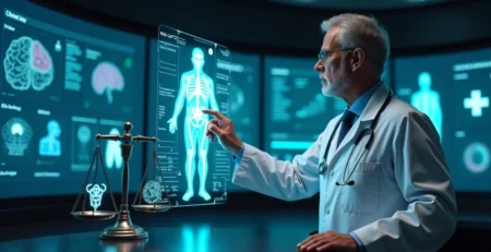 Médico tocando holograma de IA médica ao lado de balança jurídica