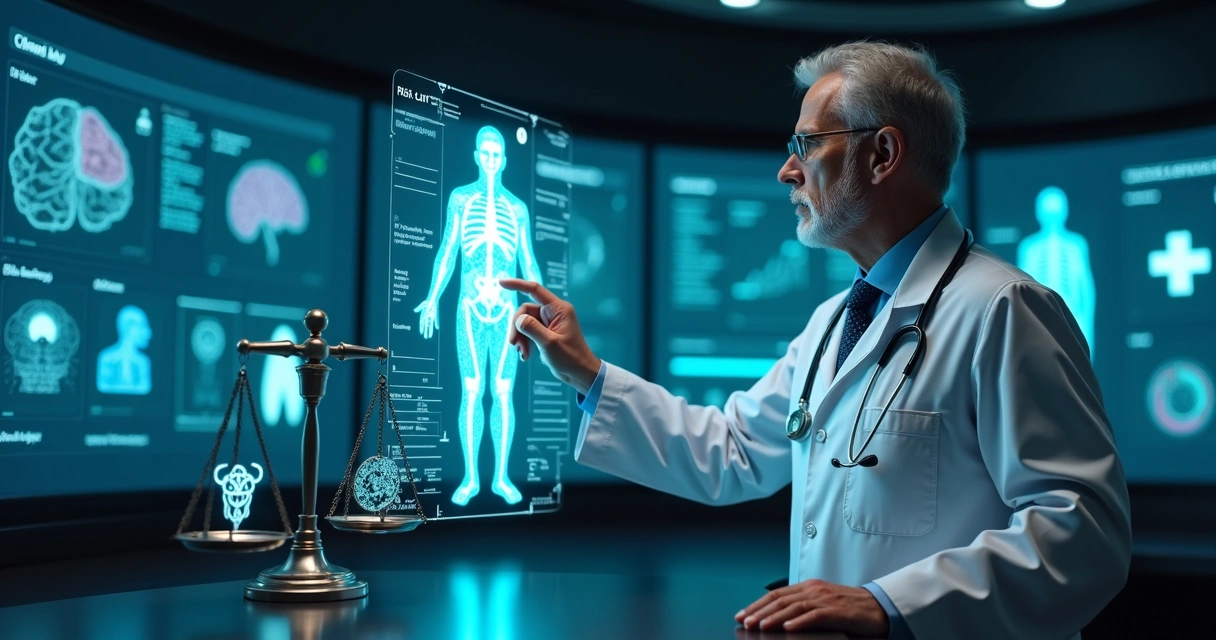Médico tocando holograma de IA médica ao lado de balança jurídica