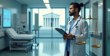 Médico pensativo entre estetoscópio e símbolo da Justiça