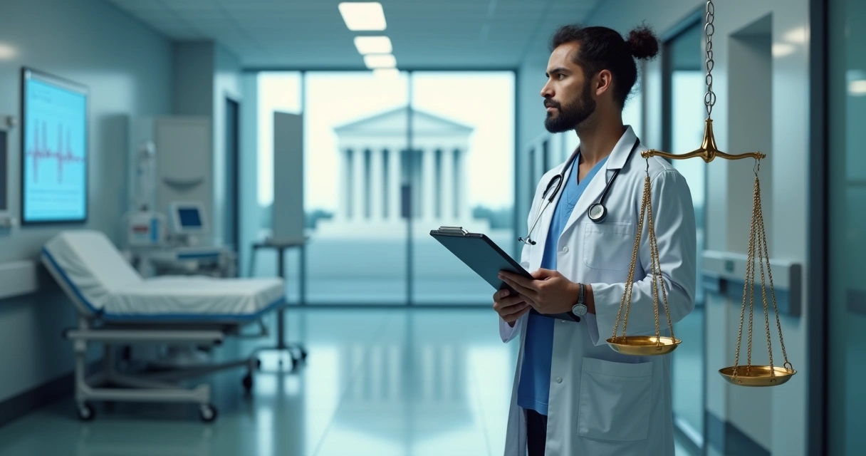 Médico pensativo entre estetoscópio e símbolo da Justiça