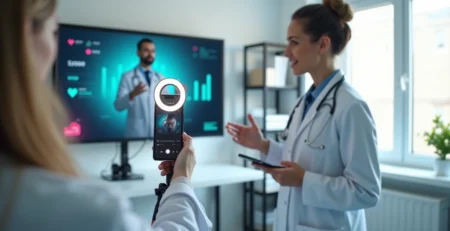 Médico gravando vídeo de marketing no TikTok dentro do consultório