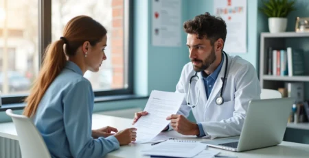 Médico explicando documento de consentimento para paciente em consultório clínico moderno