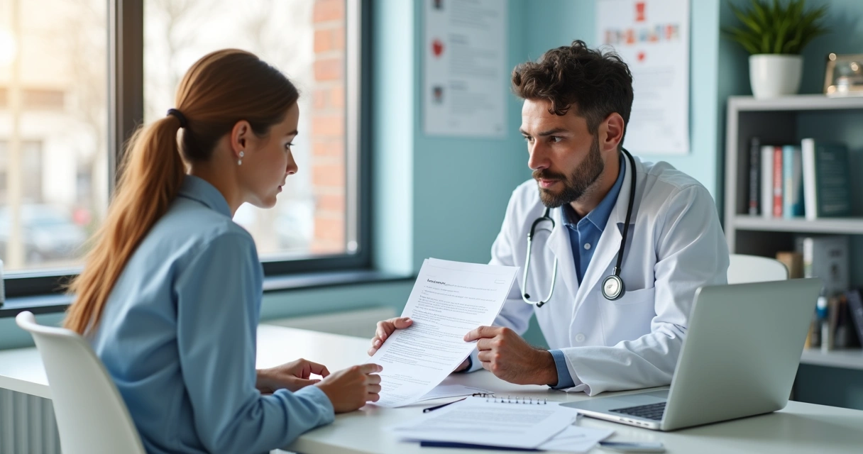 Médico explicando documento de consentimento para paciente em consultório clínico moderno