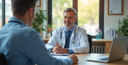 Médico sentado em escritório atendendo paciente durante consulta