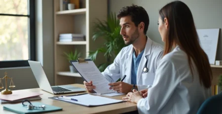 Médico conversando com paciente em consultório com documentos sobre a mesa